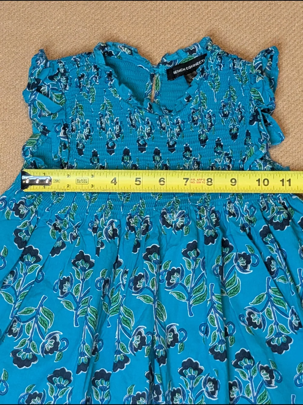 French Connection Girls Teal Blue Floral Patterned Cotton Smocked Dress